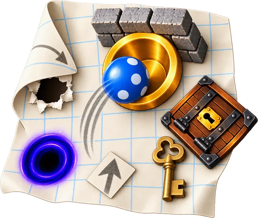 A marble hopping into a gold cup on a sheet of graph paper, with a wall, a door and key, and a black hole